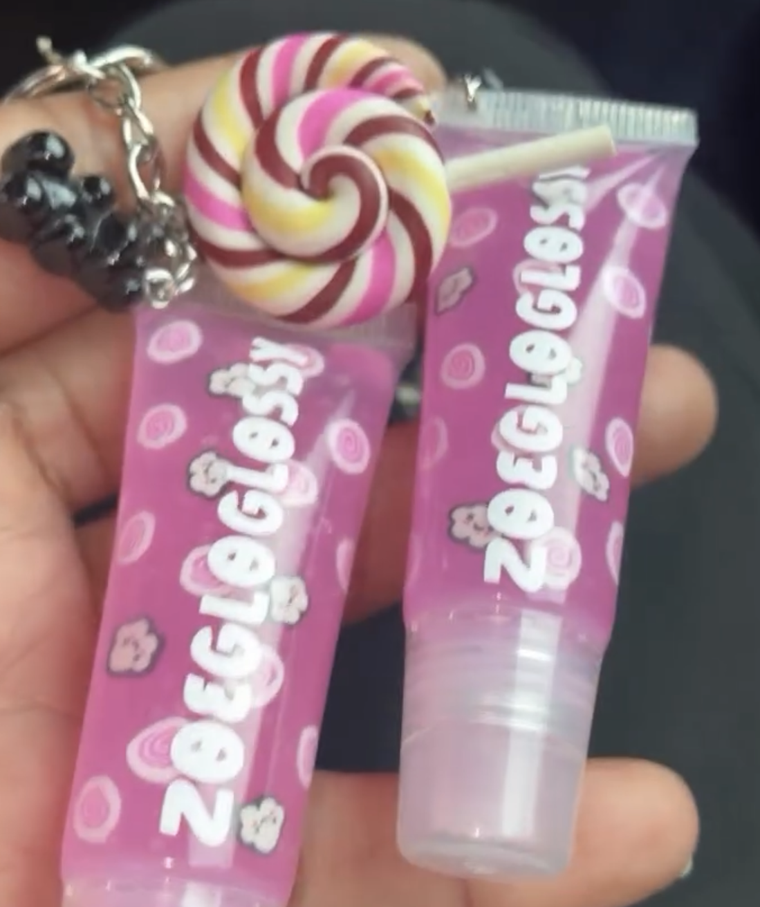 ZoeGloGlossy keychain lip glosses with lollipop charm